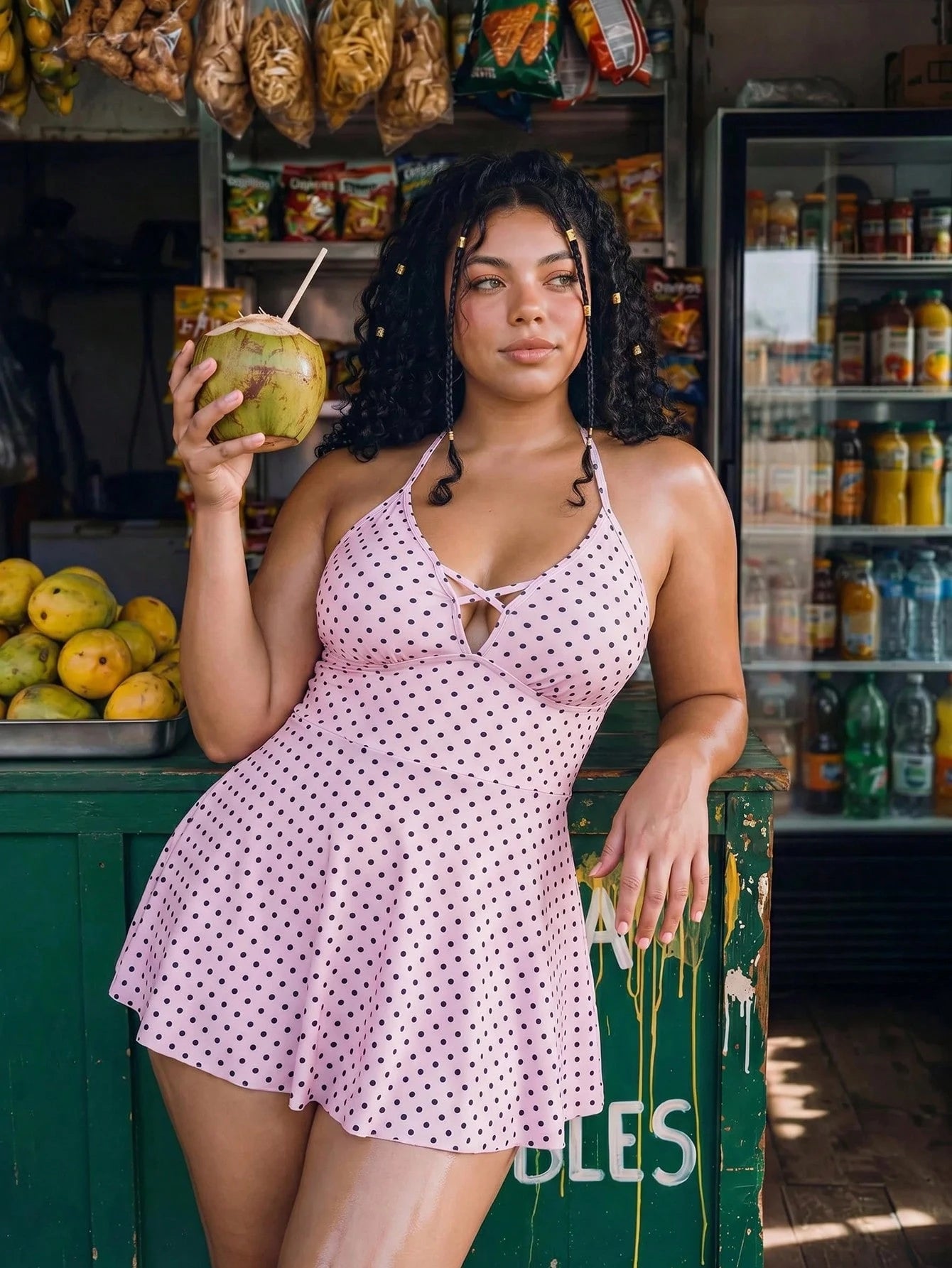 Swim Mod Plus Size Women's Pink Polka Dot Halter V-Neck Criss-Cross Cutout Two-Piece Swimsuit, High Waist Tummy Control Ruffle Hem Skirt Swimwear