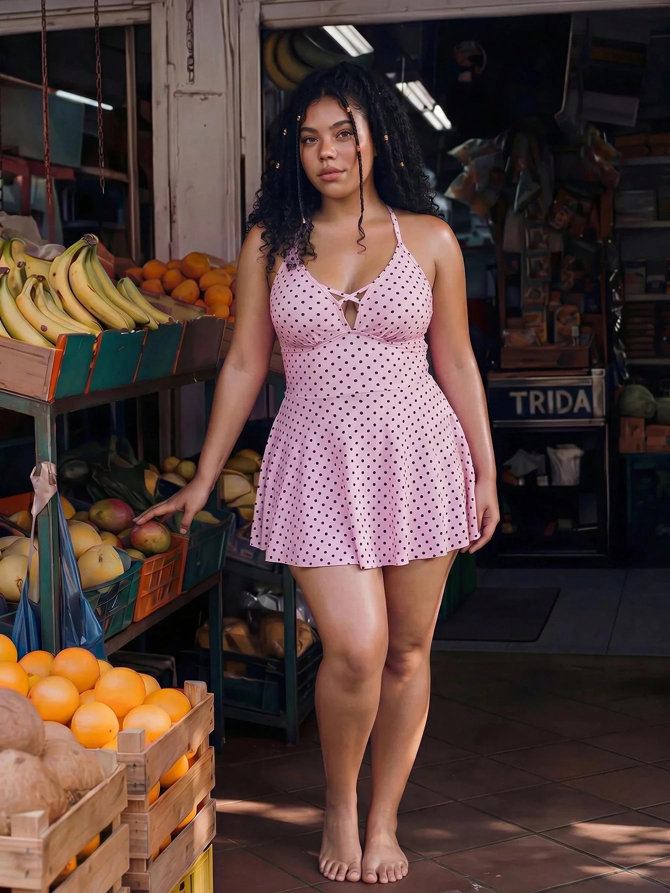 Swim Mod Plus Size Women's Pink Polka Dot Halter V-Neck Criss-Cross Cutout Two-Piece Swimsuit, High Waist Tummy Control Ruffle Hem Skirt Swimwear