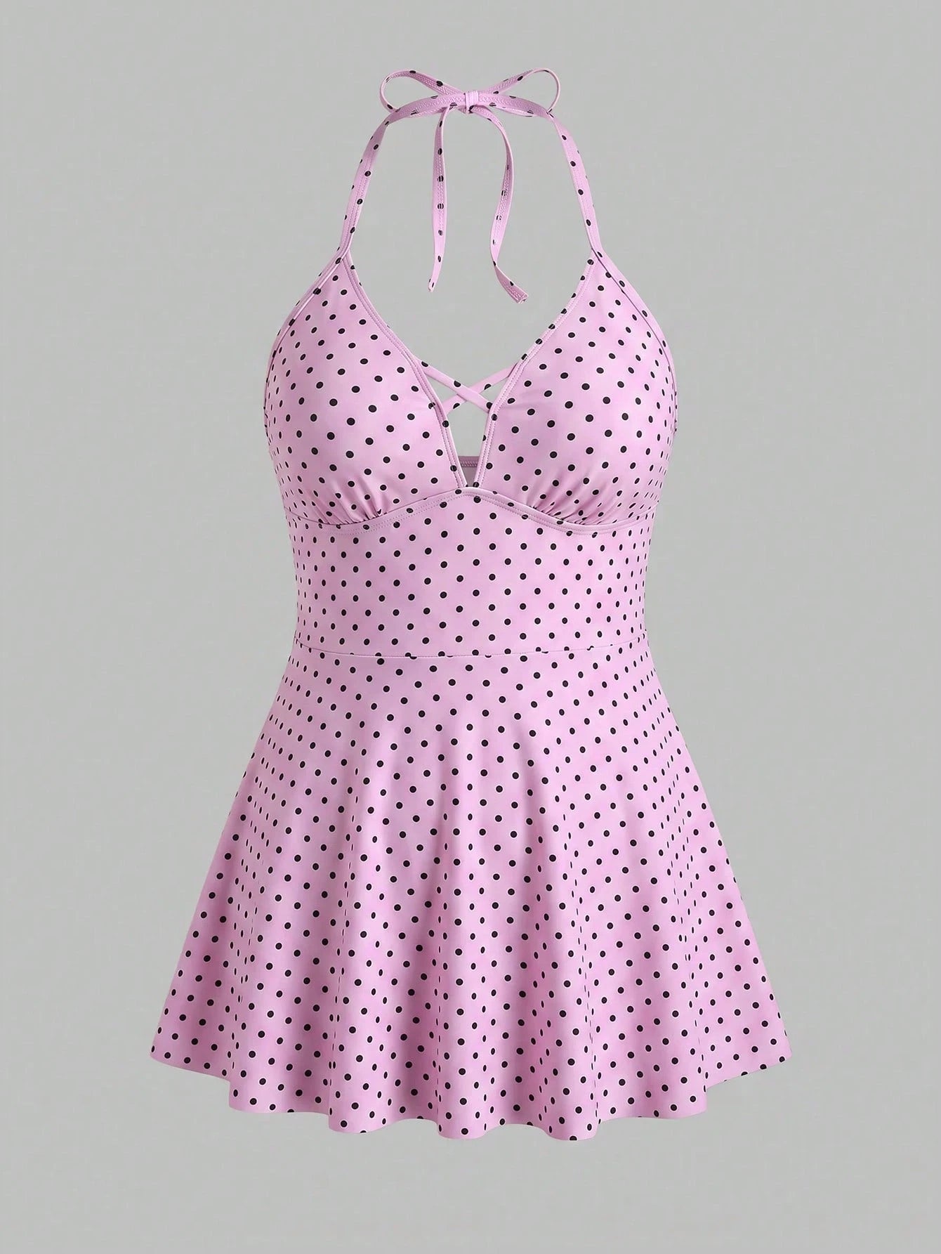 Swim Mod Plus Size Women's Pink Polka Dot Halter V-Neck Criss-Cross Cutout Two-Piece Swimsuit, High Waist Tummy Control Ruffle Hem Skirt Swimwear