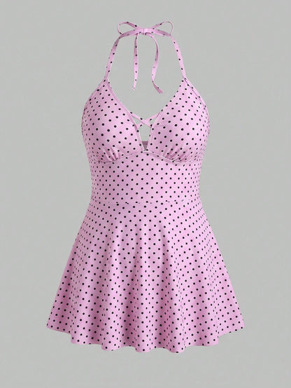 Swim Mod Plus Size Women's Pink Polka Dot Halter V-Neck Criss-Cross Cutout Two-Piece Swimsuit, High Waist Tummy Control Ruffle Hem Skirt Swimwear