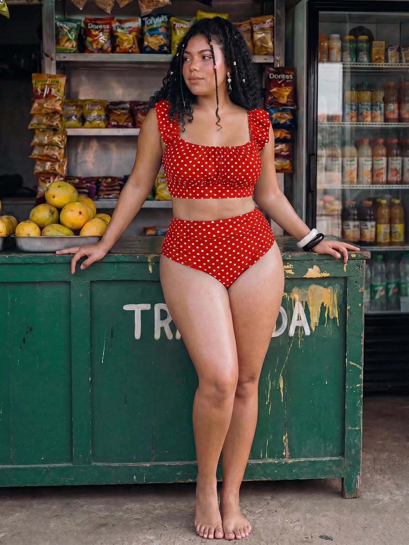 Swim Mod Plus Size Women's Polka Dot Print Cropped Tank Top And Bikini Bottom Swimsuit Set For Beach Vacation