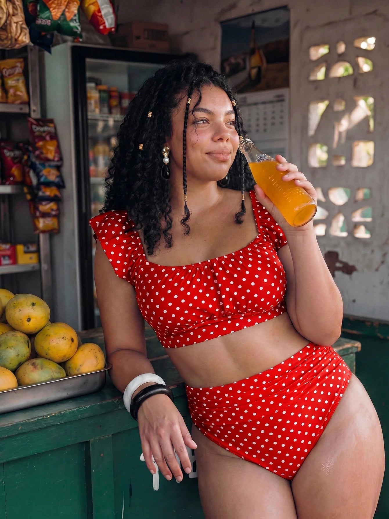 Swim Mod Plus Size Women's Polka Dot Print Cropped Tank Top And Bikini Bottom Swimsuit Set For Beach Vacation