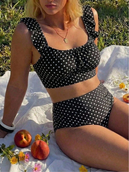 Swim Mod Plus Size Women's Polka Dot Print Cropped Tank Top And Bikini Bottom Swimsuit Set For Beach Vacation