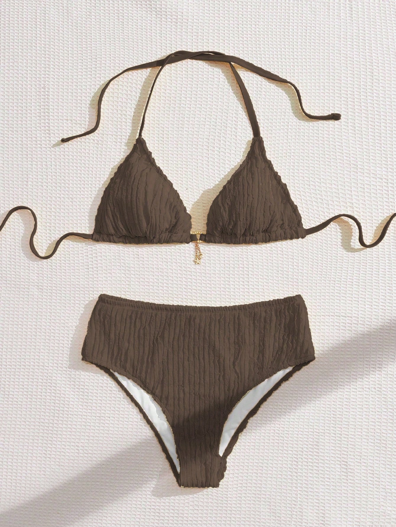 Swim Mod Plus Size Women's Two-Piece Set,Solid Color Textured Sweet Tie-Up Triangle Top Pendant Bikini,Summer Beach Holiday Brown Swimsuit Vacation Outfit