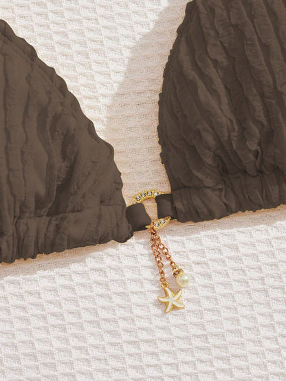 Swim Mod Plus Size Women's Two-Piece Set,Solid Color Textured Sweet Tie-Up Triangle Top Pendant Bikini,Summer Beach Holiday Brown Swimsuit Vacation Outfit