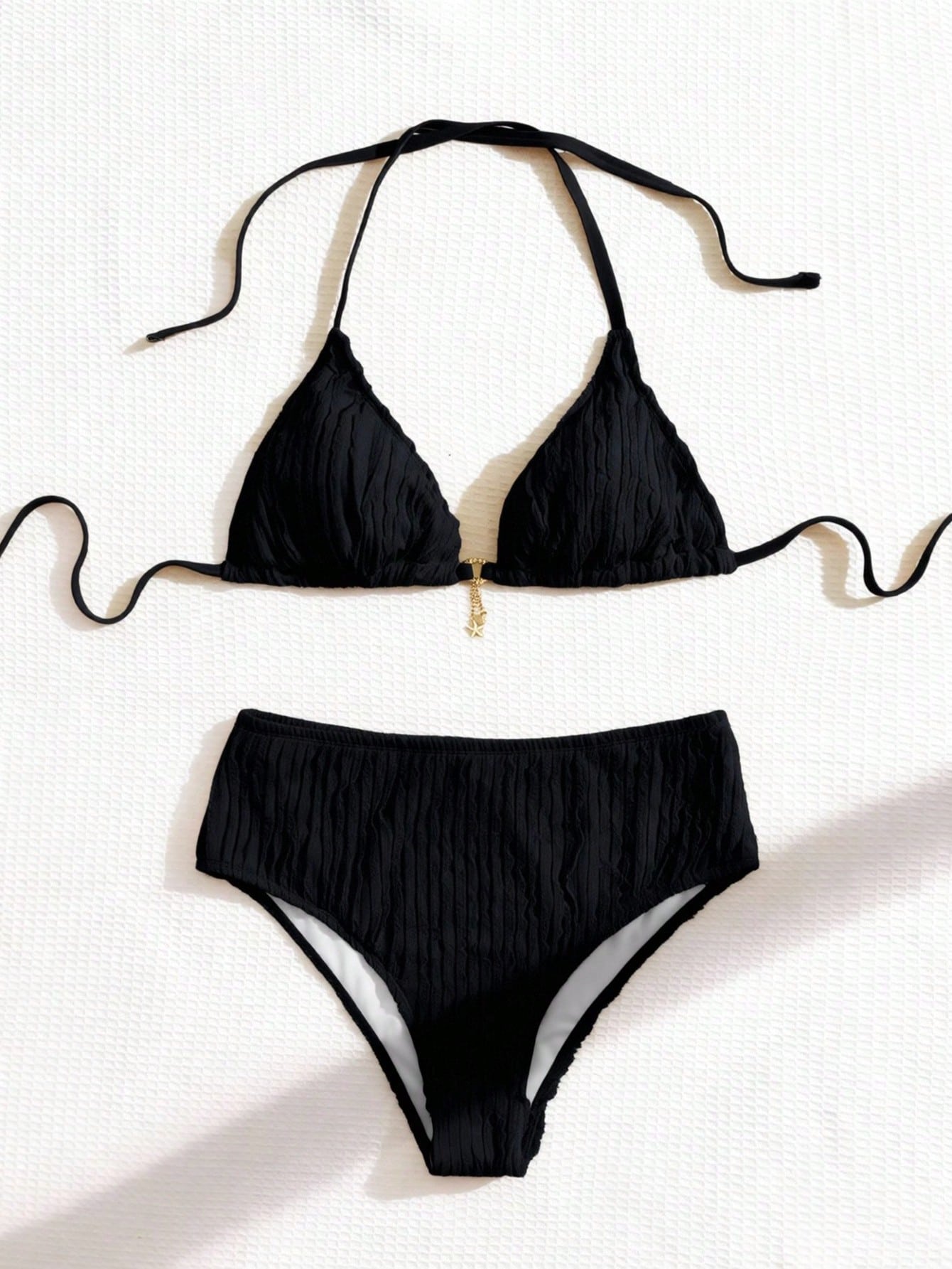Swim Mod Plus Size Women's Two-Piece Set,Solid Color Textured Sweet Tie-Up Triangle Top Pendant Bikini,Summer Beach Holiday Brown Swimsuit Vacation Outfit