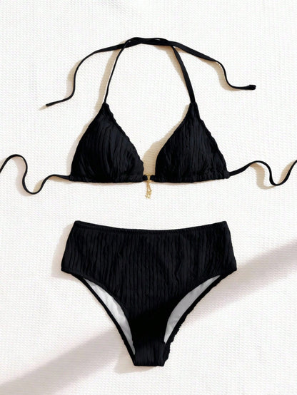 Swim Mod Plus Size Women's Two-Piece Set,Solid Color Textured Sweet Tie-Up Triangle Top Pendant Bikini,Summer Beach Holiday Brown Swimsuit Vacation Outfit