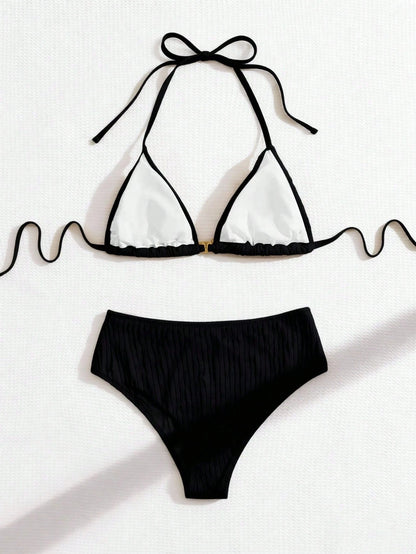 Swim Mod Plus Size Women's Two-Piece Set,Solid Color Textured Sweet Tie-Up Triangle Top Pendant Bikini,Summer Beach Holiday Brown Swimsuit Vacation Outfit