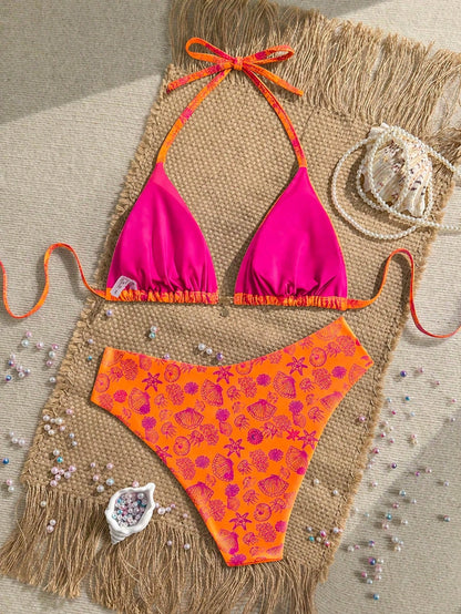 Swim Mod Plus Size Women Seashell Print Sweet Beach Vacation Bikini Set Pink Summer