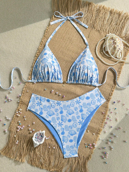 Swim Mod Plus Size Women Seashell Print Sweet Sexy Beach Beach Vacation Vacation Bikini Set White Summer