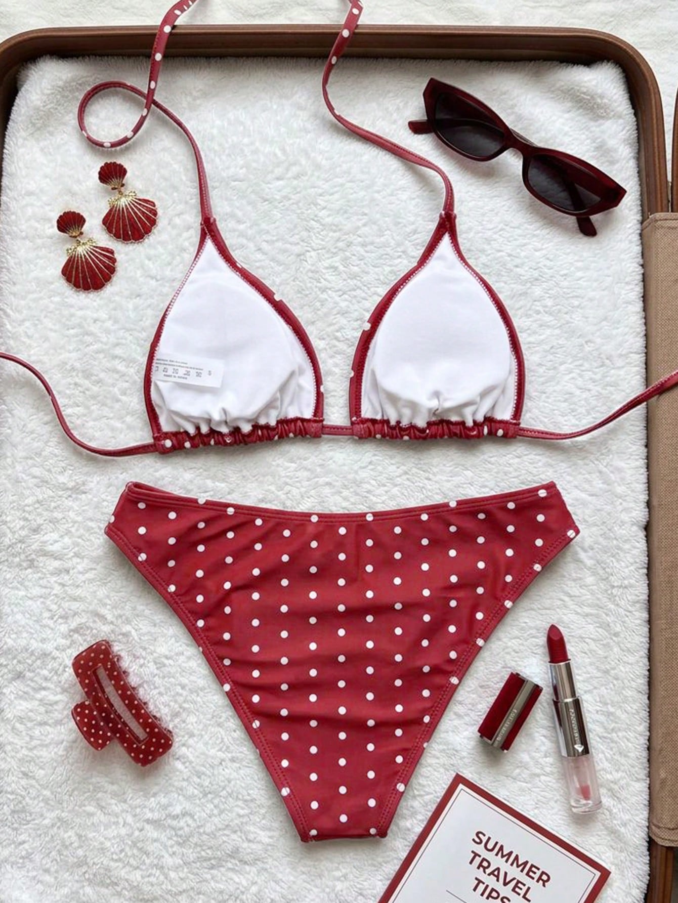Swim Mod Women's Summer Burgundy Polka Dot Print Sexy Halter Low-Waist Triangle Bikini Set