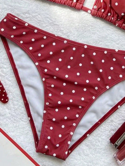 Swim Mod Women's Summer Burgundy Polka Dot Print Sexy Halter Low-Waist Triangle Bikini Set