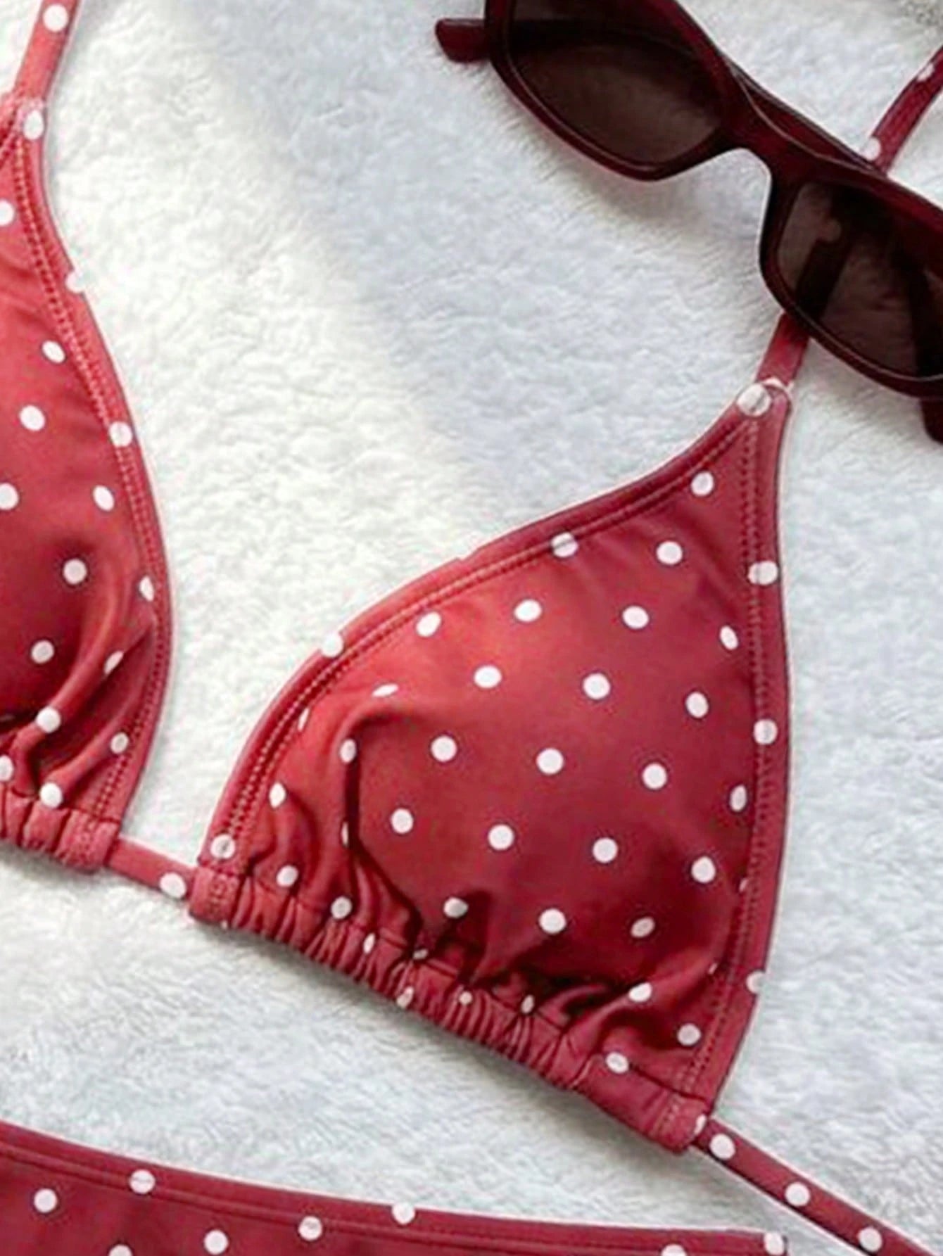 Swim Mod Women's Summer Burgundy Polka Dot Print Sexy Halter Low-Waist Triangle Bikini Set