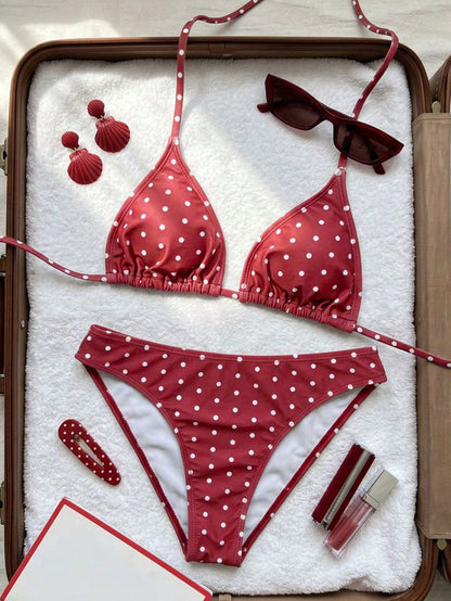 Swim Mod Women's Summer Burgundy Polka Dot Print Sexy Halter Low-Waist Triangle Bikini Set