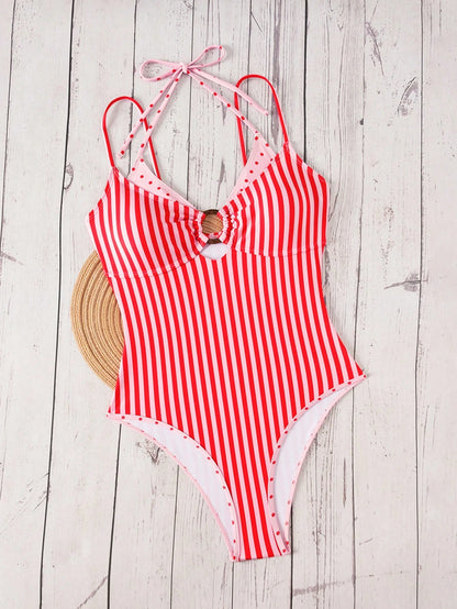 Swim Mod Women's Summer New Beach Swim Fashion Vacation Sweet Cute Color Block Polka Dot Print 2 In 1 Design One-Piece Triangle Bikini Swimsuit Yellow Polka Dot Swimsuit Sexy Halter Neck Backless Suit