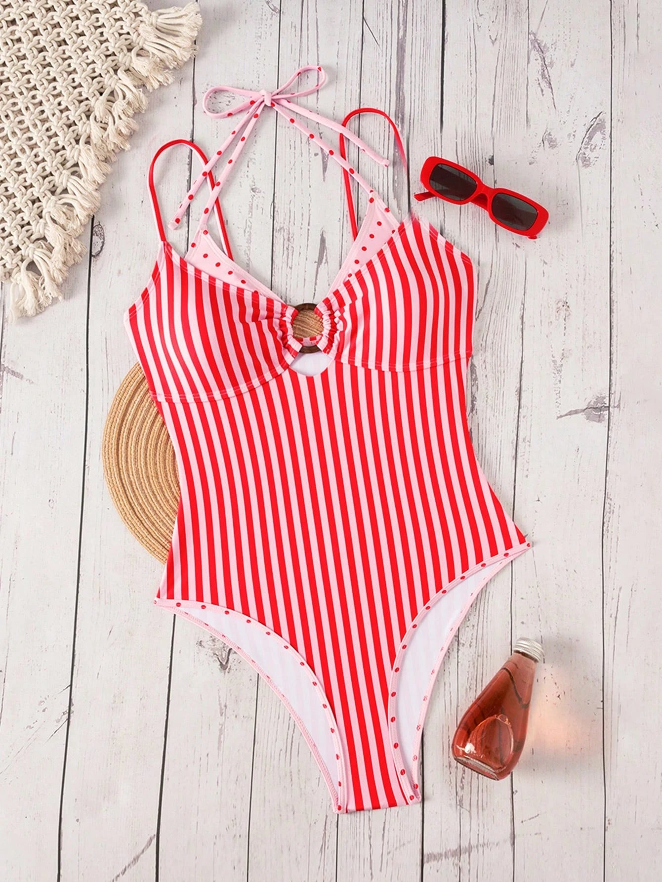Swim Mod Women's Summer New Beach Swim Fashion Vacation Sweet Cute Color Block Polka Dot Print 2 In 1 Design One-Piece Triangle Bikini Swimsuit Yellow Polka Dot Swimsuit Sexy Halter Neck Backless Suit