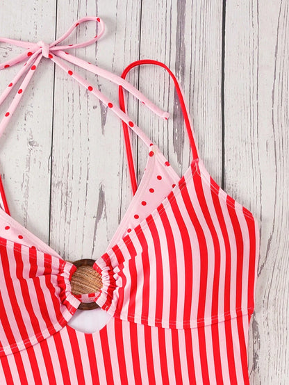 Swim Mod Women's Summer New Beach Swim Fashion Vacation Sweet Cute Color Block Polka Dot Print 2 In 1 Design One-Piece Triangle Bikini Swimsuit Yellow Polka Dot Swimsuit Sexy Halter Neck Backless Suit