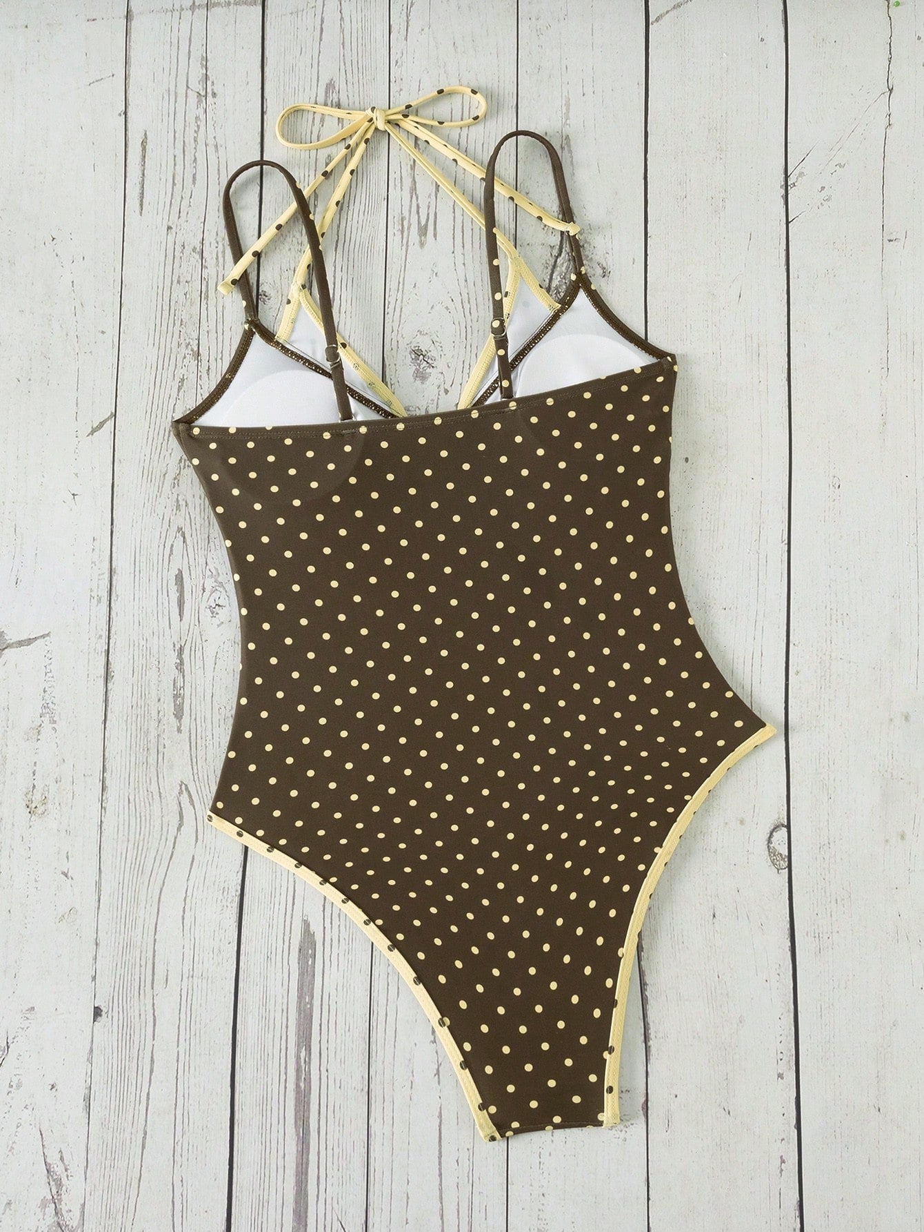 Swim Mod Women's Summer New Beach Swim Fashion Vacation Sweet Cute Color Block Polka Dot Print 2 In 1 Design One-Piece Triangle Bikini Swimsuit Yellow Polka Dot Swimsuit Sexy Halter Neck Backless Suit