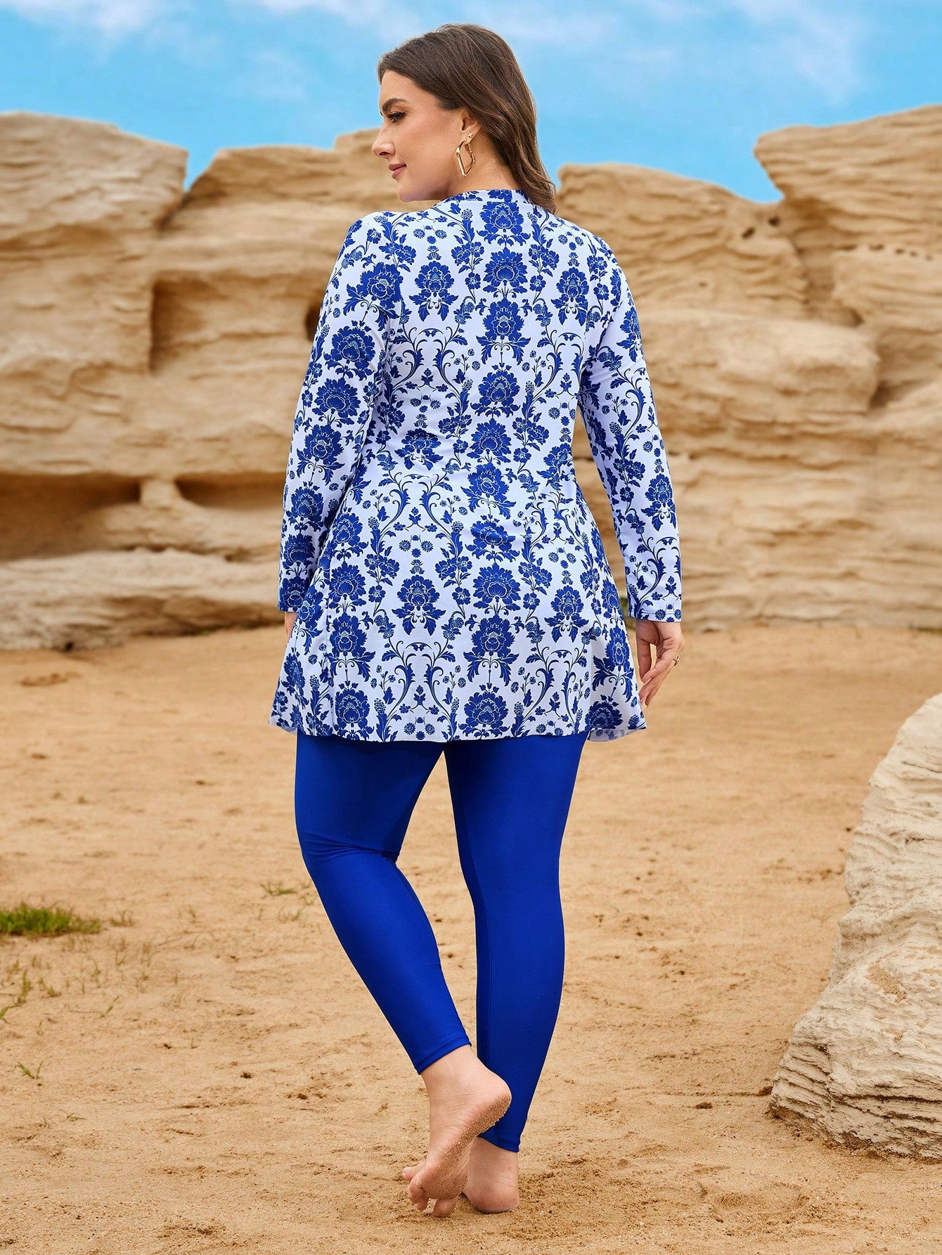 Swim Mulvari Plus Size Women 2pcs Swimwear Set, Ditsy Floral Long Sleeve & Long Pants, Beach Holiday Burkini