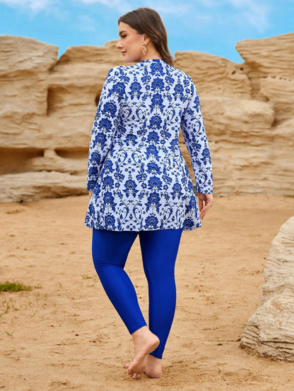 Swim Mulvari Plus Size Women 2pcs Swimwear Set, Ditsy Floral Long Sleeve & Long Pants, Beach Holiday Burkini
