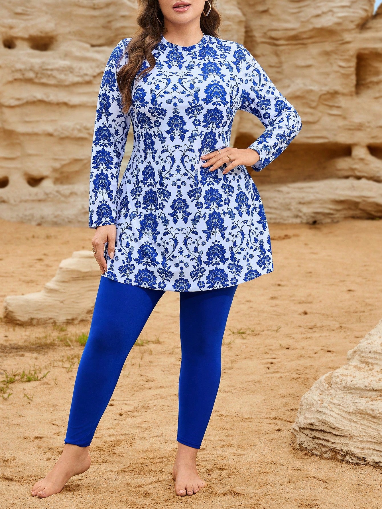 Swim Mulvari Plus Size Women 2pcs Swimwear Set, Ditsy Floral Long Sleeve & Long Pants, Beach Holiday Burkini