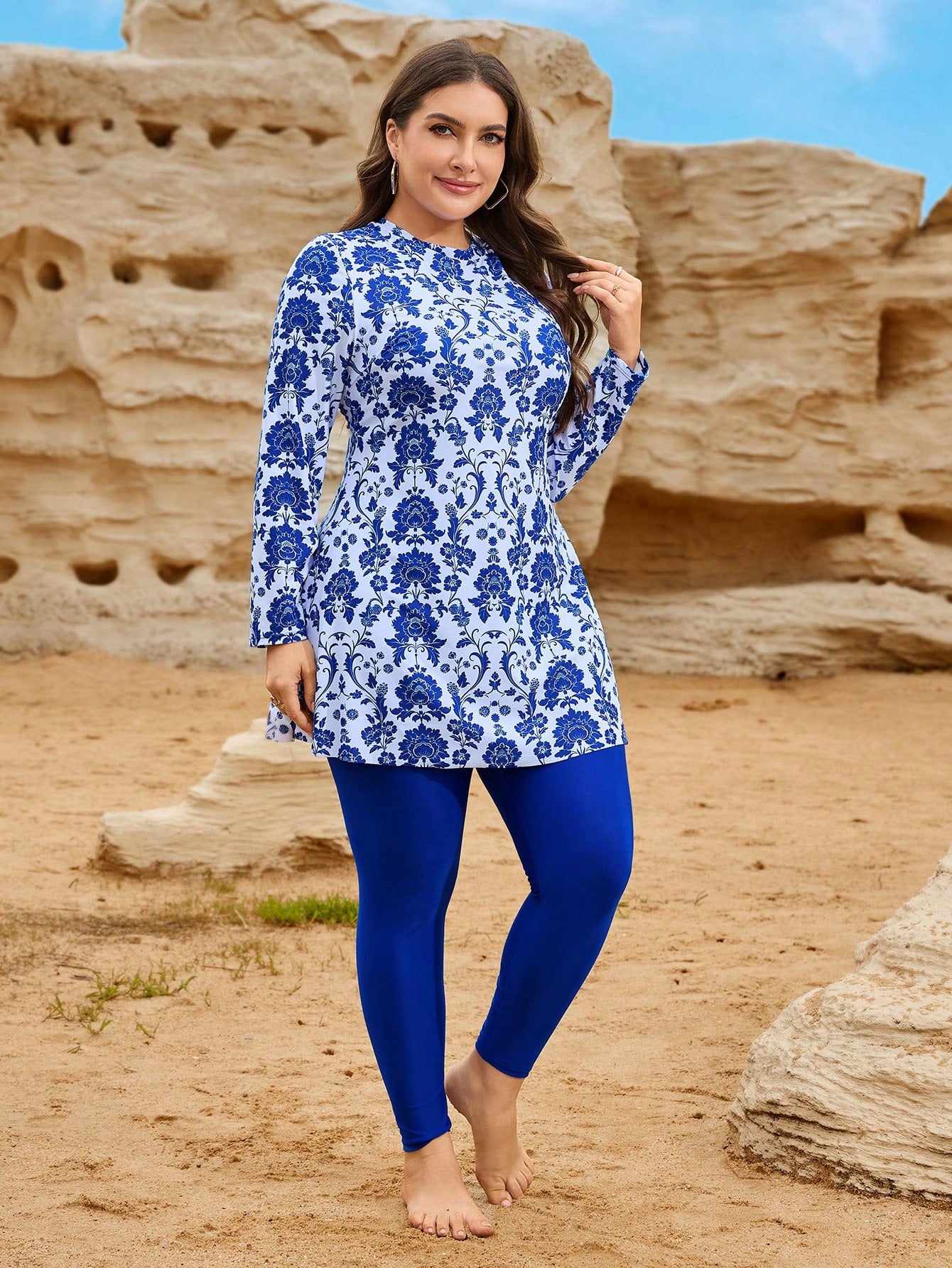 Swim Mulvari Plus Size Women 2pcs Swimwear Set, Ditsy Floral Long Sleeve & Long Pants, Beach Holiday Burkini