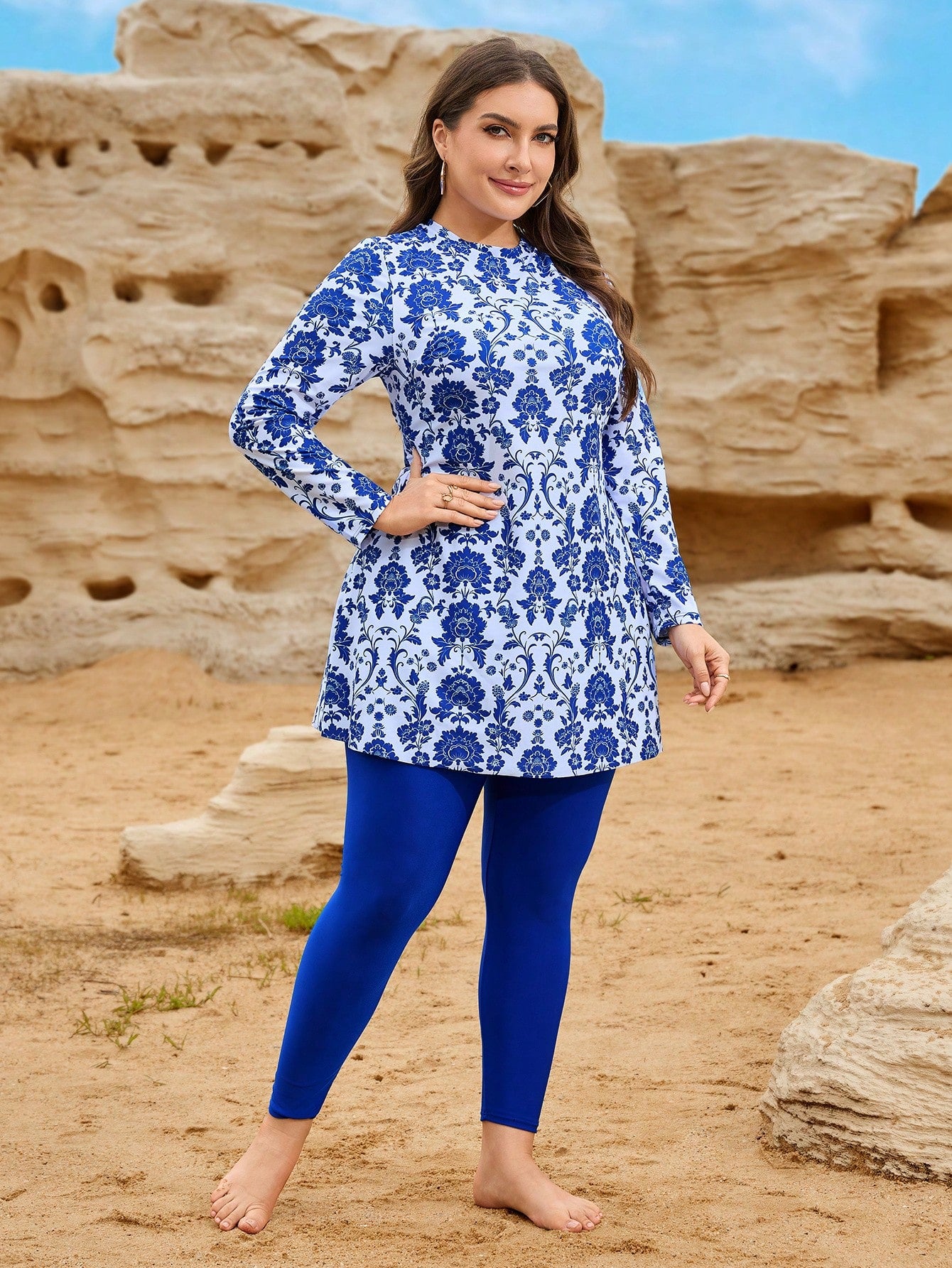 Swim Mulvari Plus Size Women 2pcs Swimwear Set, Ditsy Floral Long Sleeve & Long Pants, Beach Holiday Burkini