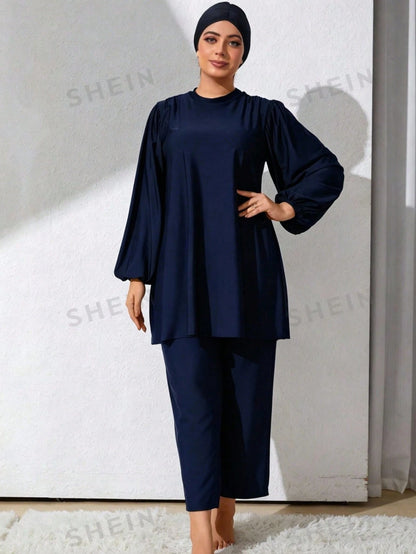 Swim Mulvari Plus Size Women's Holiday Plain Stand Collar Lantern Sleeve Casual Top And Pants, Leisure Tankini Swimwear,Summer Beach