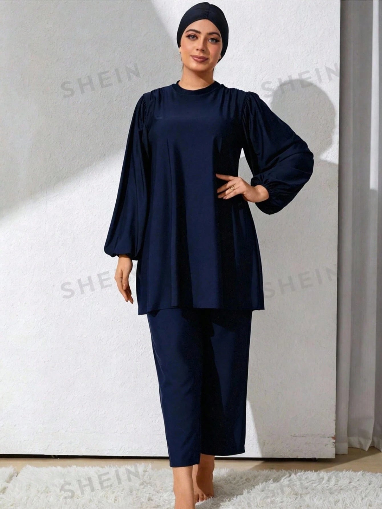 Swim Mulvari Plus Size Women's Holiday Plain Stand Collar Lantern Sleeve Casual Top And Pants, Leisure Tankini Swimwear,Summer Beach