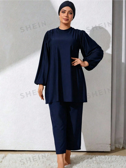 Swim Mulvari Plus Size Women's Holiday Plain Stand Collar Lantern Sleeve Casual Top And Pants, Leisure Tankini Swimwear,Summer Beach