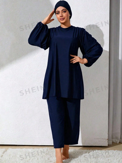 Swim Mulvari Plus Size Women's Holiday Plain Stand Collar Lantern Sleeve Casual Top And Pants, Leisure Tankini Swimwear,Summer Beach