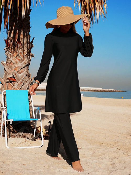 Swim Mulvari Women 2 Pieces Modest Full Coverage Solid Long Sleeve Rash Guard & Pants Swimwear Set For Summer Beach Vacation