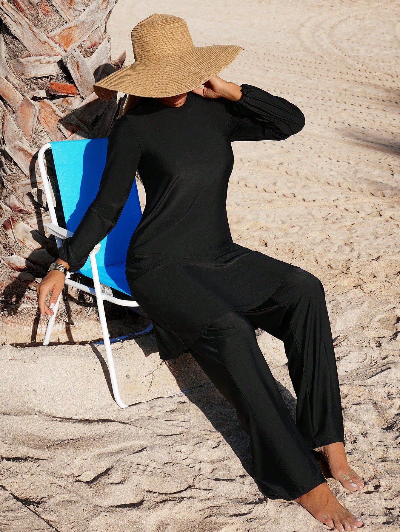 Swim Mulvari Women 2 Pieces Modest Full Coverage Solid Long Sleeve Rash Guard & Pants Swimwear Set For Summer Beach Vacation