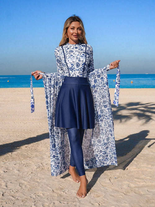 Swim Mulvari Women's 4-Piece Set:Navy Blue Floral Print One-Piece Dress With Sheer Skirt,Long Sleeve Jumpsuit,Fitted Pants,Modest Summer Beach Holiday Swimwear