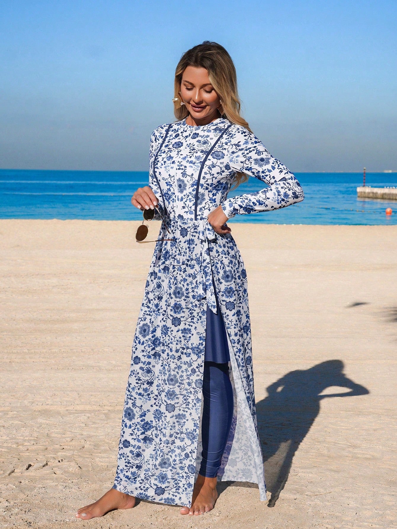 Swim Mulvari Women's 4-Piece Set:Navy Blue Floral Print One-Piece Dress With Sheer Skirt,Long Sleeve Jumpsuit,Fitted Pants,Modest Summer Beach Holiday Swimwear