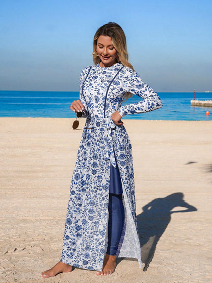 Swim Mulvari Women's 4-Piece Set:Navy Blue Floral Print One-Piece Dress With Sheer Skirt,Long Sleeve Jumpsuit,Fitted Pants,Modest Summer Beach Holiday Swimwear
