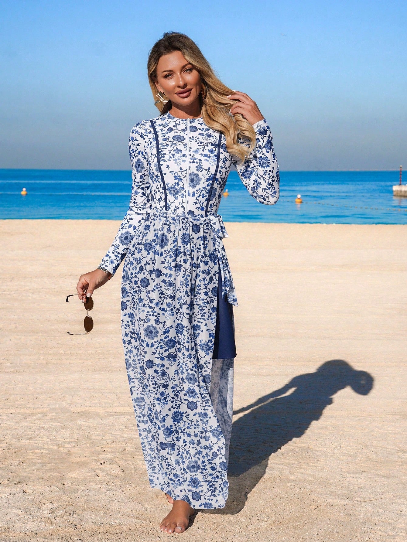 Swim Mulvari Women's 4-Piece Set:Navy Blue Floral Print One-Piece Dress With Sheer Skirt,Long Sleeve Jumpsuit,Fitted Pants,Modest Summer Beach Holiday Swimwear