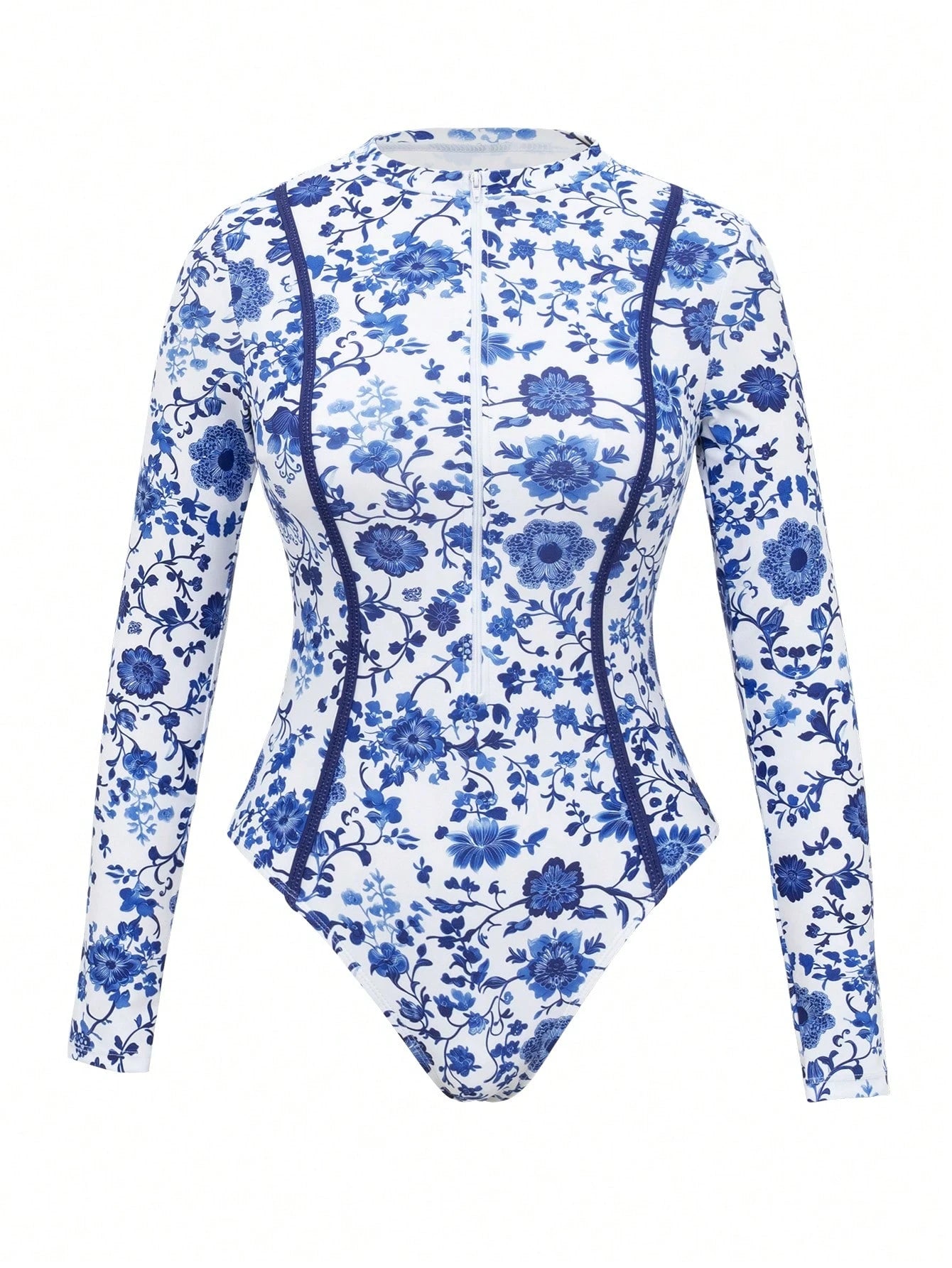 Swim Mulvari Women's 4-Piece Set:Navy Blue Floral Print One-Piece Dress With Sheer Skirt,Long Sleeve Jumpsuit,Fitted Pants,Modest Summer Beach Holiday Swimwear