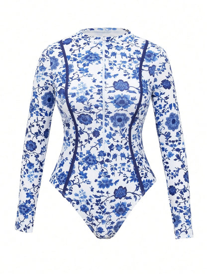 Swim Mulvari Women's 4-Piece Set:Navy Blue Floral Print One-Piece Dress With Sheer Skirt,Long Sleeve Jumpsuit,Fitted Pants,Modest Summer Beach Holiday Swimwear