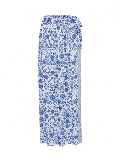 Swim Mulvari Women's 4-Piece Set:Navy Blue Floral Print One-Piece Dress With Sheer Skirt,Long Sleeve Jumpsuit,Fitted Pants,Modest Summer Beach Holiday Swimwear