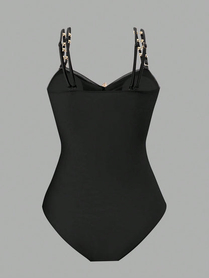 Swim Oasis 1pc Plus Size Women Metal Decor Minimalist One-Piece Swimwear, Summer Beach Holiday Outfit