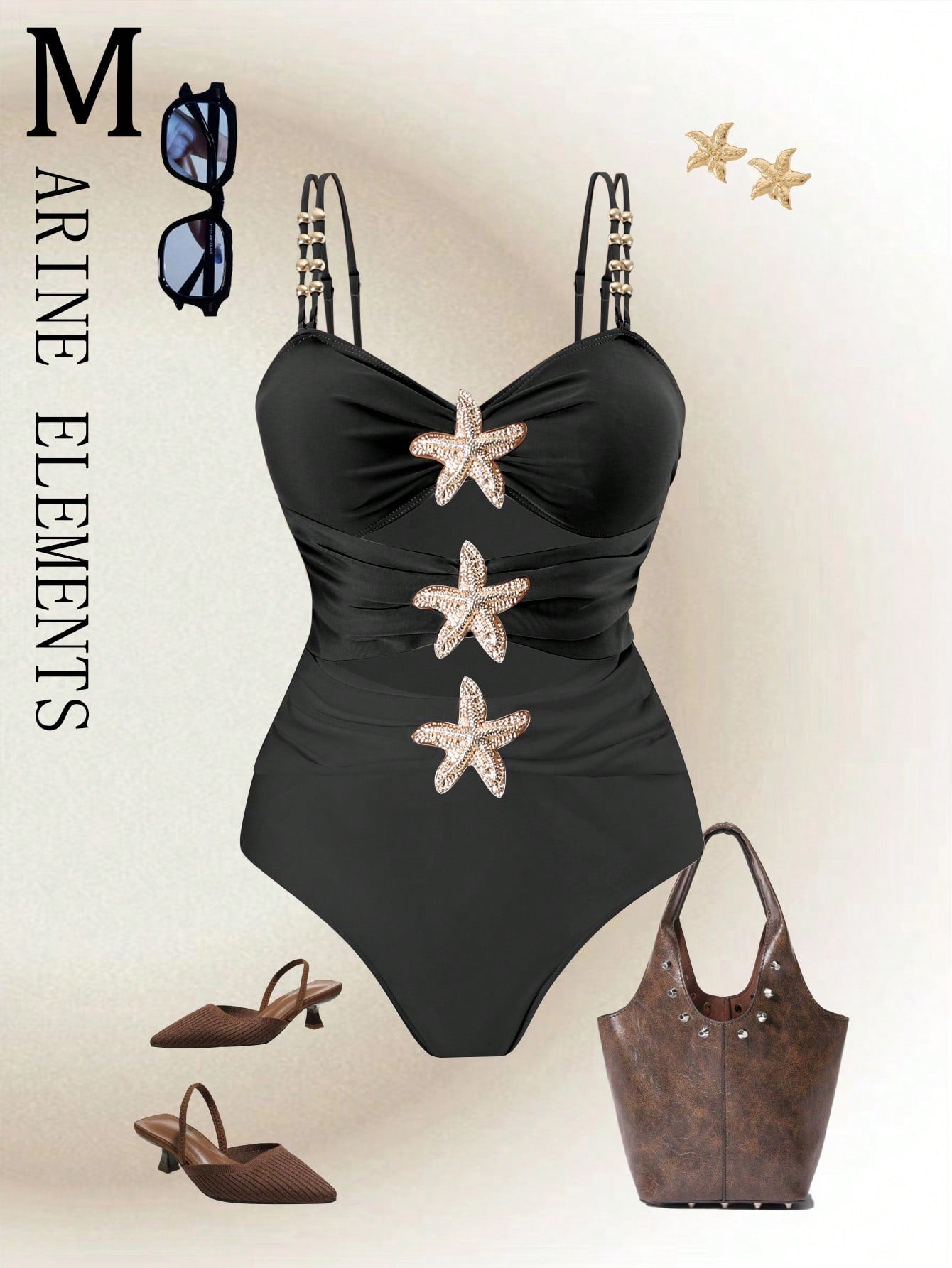 Swim Oasis 1pc Plus Size Women Metal Decor Minimalist One-Piece Swimwear, Summer Beach Holiday Outfit