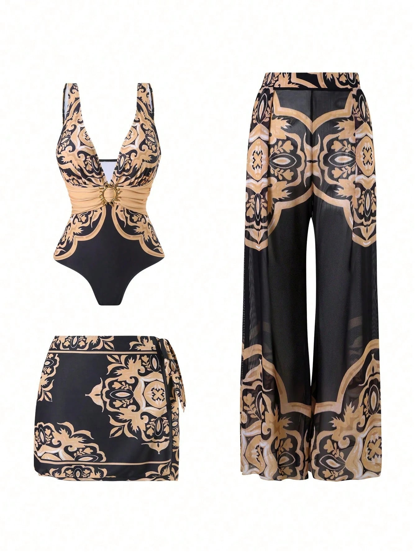 Swim Oasis 3pcs Plus Size Women's Minimalist One-Piece Swimsuit Set, Daily Summer Beach Vacation Outfit