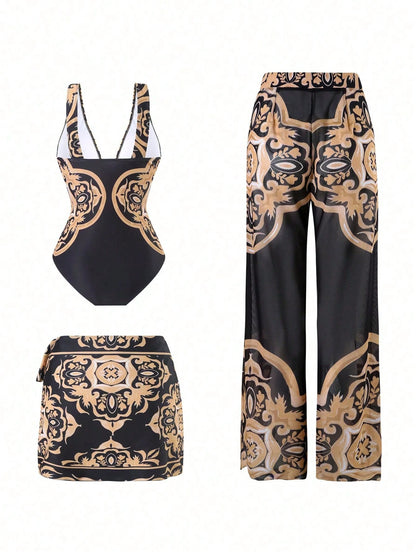 Swim Oasis 3pcs Plus Size Women's Minimalist One-Piece Swimsuit Set, Daily Summer Beach Vacation Outfit