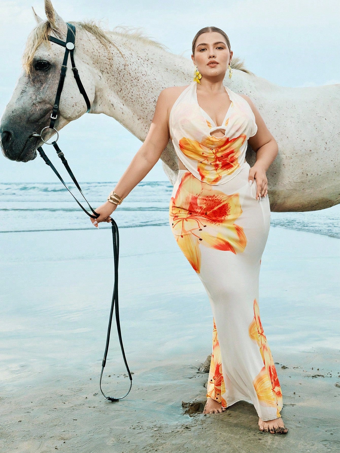Swim Oasis Plus Size Floral Print Halter Neck Bikini Set With Ruffle Top And Mini Skirt Sexy Swimwear For Summer Beach Vacation