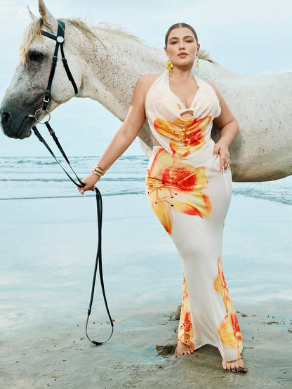 Swim Oasis Plus Size Floral Print Halter Neck Bikini Set With Ruffle Top And Mini Skirt Sexy Swimwear For Summer Beach Vacation