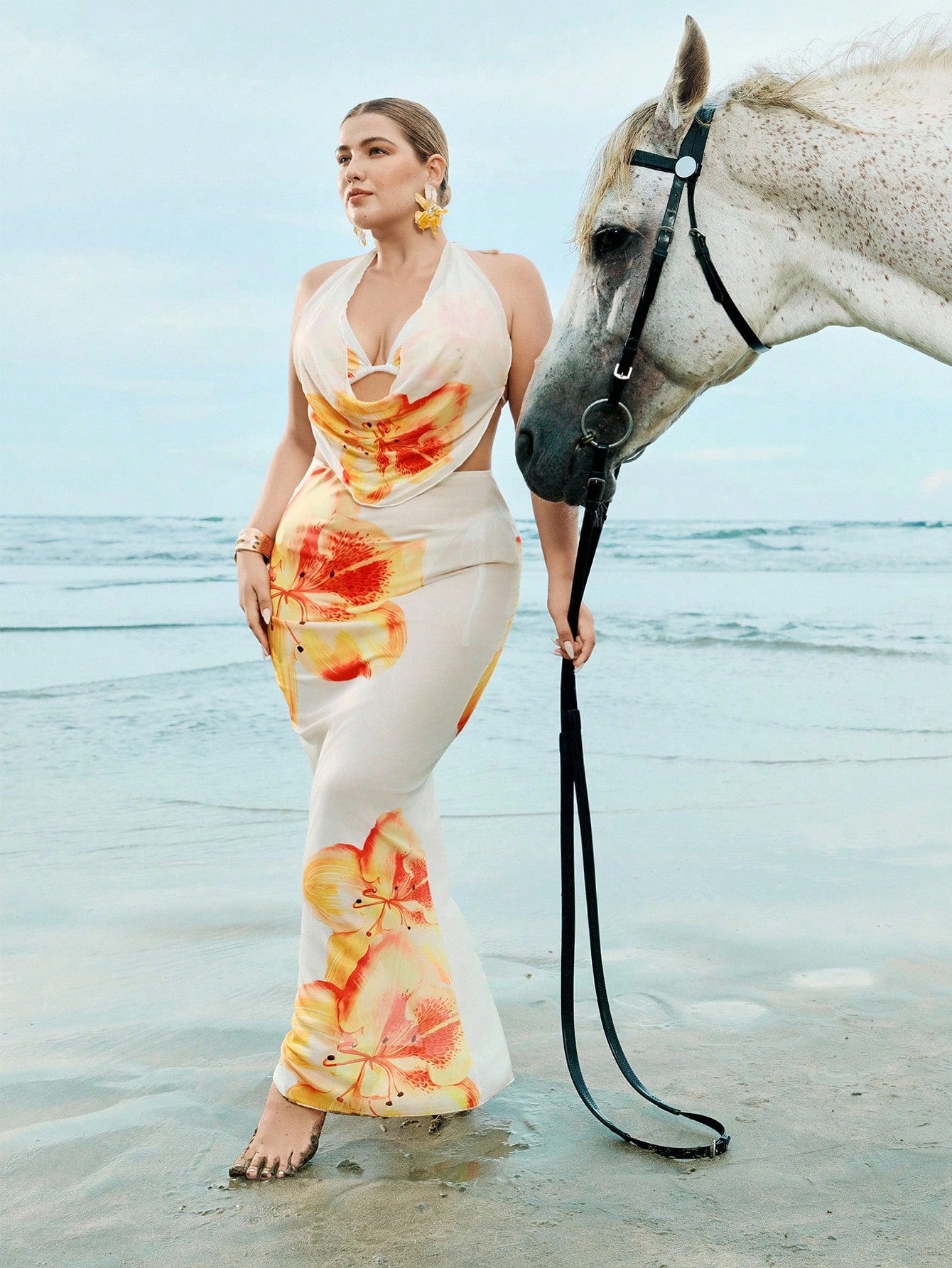 Swim Oasis Plus Size Floral Print Halter Neck Bikini Set With Ruffle Top And Mini Skirt Sexy Swimwear For Summer Beach Vacation