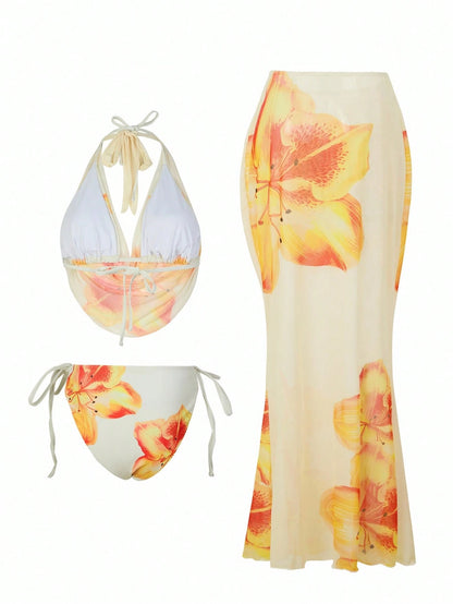 Swim Oasis Plus Size Floral Print Halter Neck Bikini Set With Ruffle Top And Mini Skirt Sexy Swimwear For Summer Beach Vacation