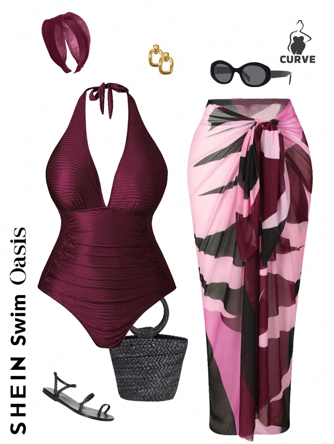 Swim Oasis Plus Size Red Summer Classy Satin One-Piece Halter Swimsuit & Color Block Cover-Up Skirt,Women's 2 Pieces Beach Outfit Cruise Bathing Suit Set