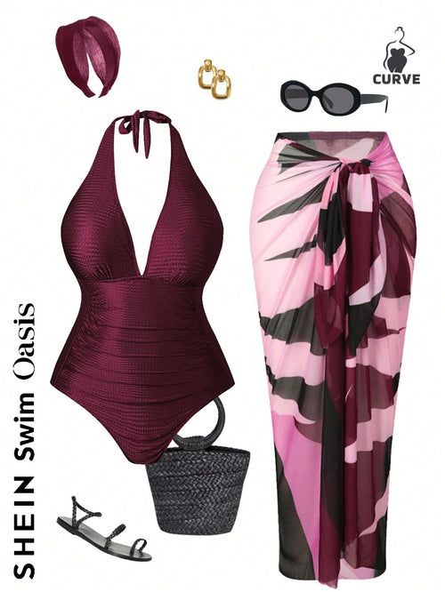 Swim Oasis Plus Size Red Summer Classy Satin One-Piece Halter Swimsuit & Color Block Cover-Up Skirt,Women's 2 Pieces Beach Outfit Cruise Bathing Suit Set
